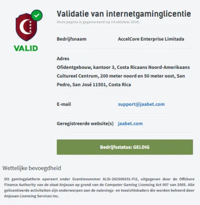 Licentievalidatiepagina van JaaBet met bedrijfsgegevens, licentienummer ALSI-202506031-FI2 en vergunningstatus